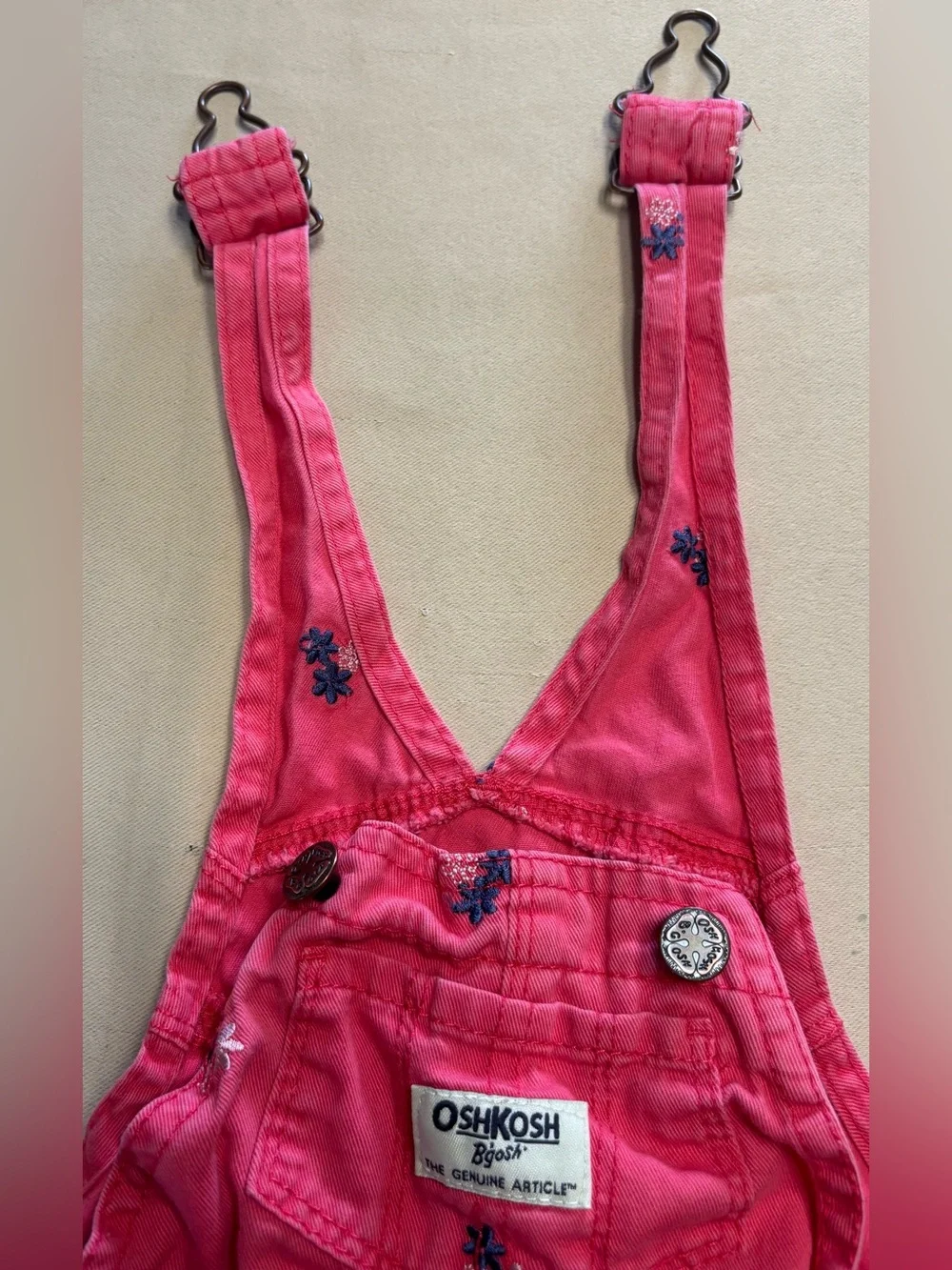 OshKosh Bgosh Baby Girl Overall Shorts 9 Months Dark Pink Flowers Embroidered